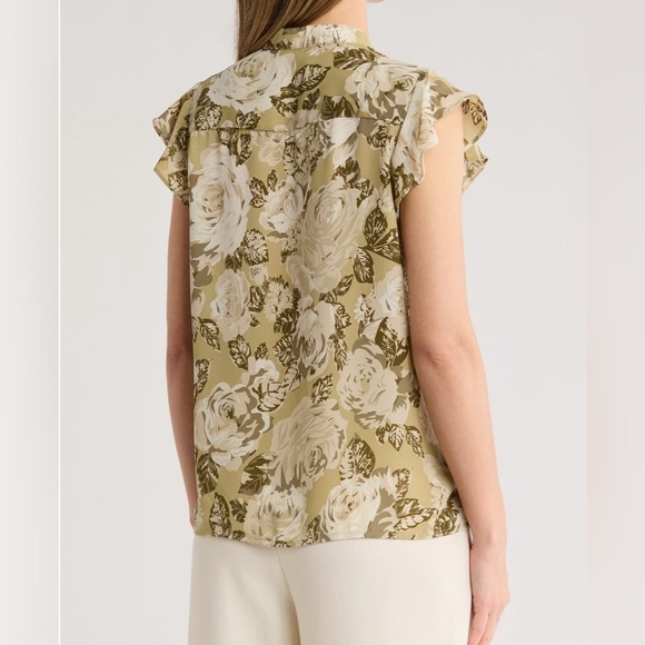 T Tahari Floral Ruffle Blouse - Olive and White Women’s Size Medium - Picture 3 of 16